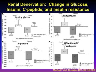 Renal Denervation: Change in Glucose,
Insulin, C-peptide, and Insulin resistance
                                Fasting insulin
    Fasting glucose




      C-peptide                    HOMA insulin
                                    resistance




                       Mahfoud F et al. Circulation 2011;123:1940-1946
 