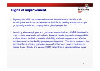 Signs of improvement…

•     Arguably the MBA has addressed many of the criticisms of the 90's such
      including leadership and entrepreneurship skills, increasing teamwork through
      group assignments and bringing in the global perspective.


•     In a study where employers and graduates were asked about MBA direction the
      core courses were endorsed by both, however, leadership and managing skills
      such as ethics, facilitation, emotional stability and coaching were sort after by
      employers and not ranked by graduates as important. This tends to support the
      technical focus of many graduates looking for their next move in business or
      career (Louw, Bosch, and Venter, 2001), rather than a transformational focus.




                                                                                6
 