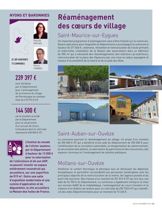 JUILLET/SEPTEMBRE 2018 21
NYONS ET BARONNIES
22 389 HABITANTS
73 COMMUNES
Pascale
ROCHAS
Pierre
COMBES
239 397 €
sont attribués
par le Département
pour l’aménagement
de la traverse du village
de Pierrelongue au montant
total de 470 974 € HT.
144 500 €
est le montant accordé
par le Département
pour la construction
d’un accueil de loisirs
à Vinsobres dont le coût total
représente 458 000 € HT.
Saint-Maurice-sur-Eygues
Un important programme d’aménagement vient d’être ﬁnalisé sur la commune.
Quatre opérations pour lesquelles le Département a accompagné la commune à
hauteur de 271 046 € : extension, rénovation et restructuration de l’école primaire
et maternelle, installation de la Maison des associations dans un bâtiment
de 550 m² qui a nécessité des réaménagements tant intérieurs qu’extérieurs,
restructuration de la place des Vignerons par une mise en valeur paysagère et
travaux d’accessibilité de la mairie et de la salle des fêtes.
Saint-Auban-sur-Ouvèze
La commune poursuit le réaménagement du village. Un projet d’un montant
de 550 000 € HT qui a bénéﬁcié d’une aide du Département de 250 000 € pour
l’amélioration de la circulation automobile, la réorganisation du stationnement,
la sécurisation des piétons, la valorisation du patrimoine et des monuments, des
espaces conviviaux et l’aménagement de toilettes publiques.
Mollans-sur-Ouvèze
Améliorer le confort thermique et phonique tout en diminuant les dépenses
énergétiques et permettre l’accessibilité aux personnes handicapées sont les
principaux objectifs de la restructuration de la mairie, de l’agence postale et du
point info tourisme. Des travaux d’un montant de 251 812 € HT qui ont reçu une
aide de 54 703 € du Département. La commune a également entrepris la mise
aux normes AdAP de la médiathèque, l’aménagement du cours Consolin et la
création d’un théâtre de verdure pour un coût total de 290 730 € HT qui a bénéﬁ-
cié des aides Départementales pour un montant de 72 236 €.
Réaménagement
des cœurs de village
L’Institut du monde
de l’olivier soutenu
par le Département
à hauteur de 13 500 €
pour la valorisation
de l’oléiculture et de son AOP,
va pouvoir investir un espace
entièrement reconstruit qui
accueillera, sur une superﬁcie
de 519 m2
. Outre une salle
d’exposition modernisée et une
cuisine d’application et de
dégustation, le site accueillera
la Maison des huiles de France.
 