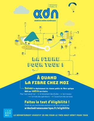 ardèche drôme numérique
R É S E A U
P U B L I C
La fibre
pour tous !
à QUAND
LA FIBRE CHEZ MOI
Suivez le déploiement du réseau public de fibre optique
ADN sur votre territoire.
Pour tout savoir sur le lancement des études les travaux
l’arrivée des opérateurs l’ouverture des services
Faites le test d’éligibilité !
Munis de vos coordonnées postales et de votre adresse mail
ardechedromenumerique.fr/eligibilite
LE DÉPARTEMENT INVESTIT 25 M€ POUR LE TRÈS HAUT DÉBIT POUR TOUS
 