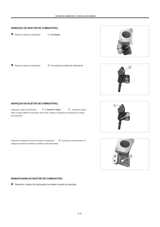SISTEMA DE COMBUSTÍVEL E CORPO DE ACELERADOR
REMOÇÃO DO INJETOR DE COMBUSTÍVEL
Remova o injetor de combustível montagem.
Remova o injetor de combustível do conjunto do injetor de combustível.
INSPEÇÃO DO INJETOR DE COMBUSTÍVEL
Inspecione o injetor de combustível
existir, se algum defeito for encontrado, limpe o filtro, verifique a mangueira de combustível e o tanque
de combustível.
e assento injetor se poeira ou sujeira
Inspecione a vedação de borracha do injetor de combustível
qualquer anormal for encontrado, substitua o selo de borracha.
por danos ou envelhecimento, se
REMONTAGEM DO INJETOR DE COMBUSTÍVEL
Remonte o injetor de combustível na ordem inversa da remoção.
5-10
 