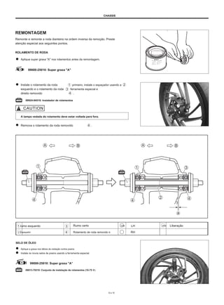 CHASSIS
REMONTAGEM
Remonte e remonte a roda dianteira na ordem inversa da remoção. Preste
atenção especial aos seguintes pontos.
ROLAMENTO DE RODA
Aplique super graxa "A" nos rolamentos antes da remontagem.
99000-25010: Super graxa "A"
Instale o rolamento da roda
esquerdo e o rolamento da roda
direito removido
primeiro, instale o espaçador usando a
ferramenta especial e
.
09924-84510: Instalador de rolamentos
A tampa vedada do rolamento deve estar voltada para fora.
Remova o rolamento da roda removido .
1 rumo esquerdo
2 Espaçador
3
4
Rumo certo
Rolamento de roda removido B
UMA LH
RH
uma Liberação
SELO DE ÓLEO
Aplique a graxa nos lábios da vedação contra poeira.
Instale os novos selos de poeira usando a ferramenta especial.
99000-25010: Super graxa ”A”
09913-70210: Conjunto de instalação de rolamentos (10-75 Φ)
6 a 10
 