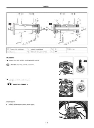 CHASSIS
1
2
Rolamento da roda direita 3 Rolamento da roda esquerda
Rolamento de roda removido B
UMA LH
RH
uma Liberação
Espaçador 4
SELO DE PÓ
Instale os novos selos de poeira usando a ferramenta especial.
09913-70210: Conjunto de instalação de rolamentos
Aplique graxa nos lábios da vedação contra poeira.
99000-25010: GRAXA “A”
AMORTECEDOR
● Instale os amortecedores no tambor da roda traseira.
6-29
 
