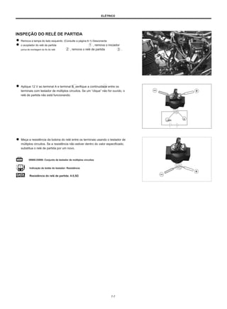 ELÉTRICO
INSPEÇÃO DO RELÉ DE PARTIDA
Remova a tampa do lado esquerdo. (Consulte a página 6-1) Desconecte
o acoplador do relé de partida , remova o iniciador
porca de montagem do fio do relé , remova o relé de partida .
1
Aplique 12 V ao terminal A e terminal B, verifique a continuidade entre os
terminais com testador de múltiplos circuitos. Se um “clique” não for ouvido, o
relé de partida não está funcionando.
UMA
B
Meça a resistência da bobina do relé entre os terminais usando o testador de
múltiplos circuitos. Se a resistência não estiver dentro do valor especificado,
substitua o relé de partida por um novo.
09900-25008: Conjunto de testador de múltiplos circuitos
Indicação do botão do testador: Resistência
Resistência do relé de partida: 4-5,5Ω
7-7
 