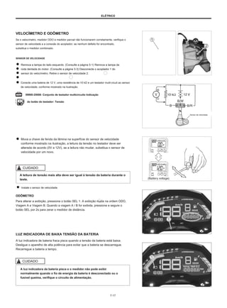 ELÉTRICO
VELOCÍMETRO E ODÔMETRO
Se o velocímetro, medidor ODO e medidor parcial não funcionarem corretamente, verifique o
sensor de velocidade e a conexão do acoplador; se nenhum defeito for encontrado,
substitua o medidor combinado.
SENSOR DE VELOCIDADE
Remova a tampa do lado esquerdo. (Consulte a página 5-1) Remova a tampa da
roda dentada do motor. (Consulte a página 3-3) Desconecte o acoplador 1 do
sensor do velocímetro. Retire o sensor de velocidade 2.
Conecte uma bateria de 12 V, uma resistência de 10 kΩ e um testador mutil-cicuit ao sensor
de velocidade, conforme mostrado na ilustração.
09900-25008: Conjunto de testador multicircuito Indicação
do botão do testador: Tensão
Sensor de velocidade
Mova a chave de fenda da lâmina na superfície do sensor de velocidade
conforme mostrado na ilustração, a leitura da tensão no testador deve ser
alterada de acordo (0V a 12V), se a leitura não mudar, substitua o sensor de
velocidade por um novo.
CUIDADO
A leitura de tensão mais alta deve ser igual à tensão da bateria durante o
teste.
Instale o sensor de velocidade.
ODÔMETRO
Para alterar a exibição, pressione o botão SEL 1. A exibição muda na ordem ODO,
Viagem A e Viagem B. Quando a viagem A / B for exibida, pressione e segure o
botão SEL por 2s para zerar o medidor de distância.
LUZ INDICADORA DE BAIXA TENSÃO DA BATERIA
A luz indicadora de bateria fraca pisca quando a tensão da bateria está baixa.
Desligue o aparelho de alta potência para evitar que a bateria se descarregue.
Recarregue a bateria a tempo.
CUIDADO
A luz indicadora da bateria pisca e o medidor não pode exibir
normalmente quando o fio de energia da bateria é desconectado ou o
fusível queima, verifique o circuito de alimentação.
7-17
 