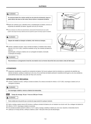 ELÉTRICO
CUIDADO
Se nenhuma bolha de ar estiver saindo de uma porta de enchimento, toque na
parte inferior das duas ou três vezes. Nunca remova o recipiente da bateria.
Depois de confirmar que o eletrólito entrou completamente na bateria, remova os
recipientes de eletrólito da bateria. Aguarde cerca de 20 minutos.
Insira as tampas nos orifícios de preenchimento, pressionando firmemente para que a parte
superior das tampas não fique saliente acima da superfície superior da tampa superior da bateria.
CUIDADO
Depois de instalar as tampas na bateria; não remova as tampas.
Insira as tampas firmemente
Usando o testador de bolso, meça a tensão da bateria. O testador deve indicar
mais de 12,5-12,6 V (DC), conforme mostrado na Fig. Se a tensão da bateria for
inferior a
especificação, carregue a bateria com um carregador de bateria. (Consulte
a operação de recarga.)
CUIDADO
Recomenda-se o carregamento inicial de uma bateria nova se tiverem decorrido dois anos desde a data de fabricação.
ATENDENDO
Inspecione visualmente a superfície do recipiente da bateria. Se houver qualquer sinal de rachadura ou vazamento de eletrólito nas
laterais da bateria, substitua a bateria por uma nova. Se os terminais da bateria estiverem revestidos de ferrugem ou de uma substância
pulverulenta branca ácida, isso pode ser limpo com uma lixa.
OPERAÇÃO DE RECARGA
Usando o testador de bolso, verifique a tensão da bateria. Se a leitura de tensão for inferior a 12,5 V (DC), recarregue a bateria com um
carregador de bateria.
CUIDADO
Ao recarregar a bateria, remova a bateria da motocicleta.
Tempo de recarga: 3A por 1 hora ou 0,6A por 5 horas
CUIDADO
Tenha cuidado para não permitir que a corrente de carga exceda 3A a qualquer momento.
Após a recarga, espere mais de 30 minutos e verifique a tensão da bateria com um testador de circuito mutil. Se a voltagem da bateria for
inferior a 12,5 V, recarregue a bateria novamente.
Se a tensão da bateria ainda for inferior a 12,5 V, após a recarga, substitua a bateria por uma nova. Quando a motocicleta não for
usada por um longo período, verifique a bateria a cada 1 mês para evitar que ela descarregue.
7-24
 