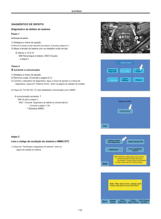 ELÉTRICO
DIAGNÓSTICO DE DEFEITO
Diagnóstico de defeito do sistema
Passo 1
Verificação de bateria
1) Desligue a chave de ignição.
2) Remova a tampa do lado esquerdo da moldura. (Consulte a página 6-1)
3) Meça a tensão da bateria com um testador multi-circuito.
É inferior a 12,5 V?
SIM Recarregue a bateria. NÃO Vá para
a etapa 2.
Passo 2
B aumentar a comunicação.
1) Desligue a chave de ignição.
2) Remova a sela. (Consulte a página 6-1)
3) Conecte o dispositivo de diagnóstico, ligue a chave de ignição e a chave de
diagnóstico, clique em “Sistema Immo”, entre na página de seleção de modelo.
4) Clique em ”HJ150-10C / D” para estabelecer comunicação com a IMMO.
A comunicação aumenta ？
SIM Vá para a etapa 3.
NÃO * Consulte “diagnóstico de defeito do chicote elétrico”
. . (Consulte a página 7-30)
* Substitua IMMO.
etapa 3
Leia o código de condição do sistema e IMMO DTC
1) Clique em "Verificação e diagnóstico do sistema", entre na
página de seleção do sistema.
7-29
 