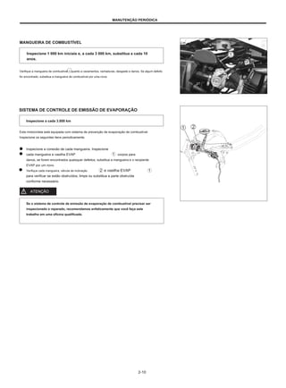 MANUTENÇÃO PERIÓDICA
MANGUEIRA DE COMBUSTÍVEL
Inspecione 1 000 km iniciais e, a cada 3 000 km, substitua a cada 10
anos.
Verifique a mangueira de combustível 1 quanto a vazamentos, rachaduras, desgaste e danos. Se algum defeito
for encontrado, substitua a mangueira de combustível por uma nova.
SISTEMA DE CONTROLE DE EMISSÃO DE EVAPORAÇÃO
Inspecione a cada 3.000 km
Esta motocicleta está equipada com sistema de prevenção de evaporação de combustível.
Inspecione os seguintes itens periodicamente.
Inspecione a conexão de cada mangueira. Inspecione
cada mangueira e vasilha EVAP
danos, se forem encontrados quaisquer defeitos, substitua a mangueira e o recipiente
EVAP por um novo.
Verifique cada mangueira, válvula de inclinação e vasilha EVAP
para verificar se estão obstruídos, limpe ou substitua a parte obstruída
conforme necessário.
ATENÇÃO
corpos para
Se o sistema de controle de emissão de evaporação de combustível precisar ser
inspecionado e reparado, recomendamos enfaticamente que você faça este
trabalho em uma oficina qualificada.
2-10
 
