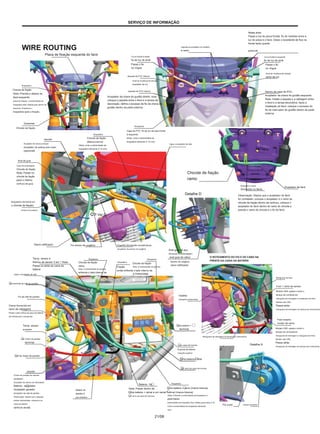 SERVIÇO DE INFORMAÇÃO
Nesta área:
Passe a luz do pisca frontal, fio do medidor entre a
luz do pisca e o farol. Deixe o excedente de fios na
frente tanto quanto
possível.
WIRE ROUTING Jaqueta do acoplador do medidor
e ramo
Placa de fixação esquerda do farol Curva frontal à direita
fio de luz de sinal
Passe o fio
no ringue
Jaqueta de PVC interna:
Sinal de mudança de direção
acoplador de luz
Jaqueta de PVC interna:
Acoplador da chave do guidão direito: nota:
coloque a jaqueta entre o farol e a tampa da
decoração, defina o excesso de fio da chave do
guidão dentro da parte externa.
Curva frontal à esquerda
fio de luz de sinal
Passe o fio
no ringue
Sinal de mudança de direção
ramo de luz
Braçadeira
Chicote de fiação
Nota: Prenda-o abaixo do
farol esquerdo
placa de fixação. A extremidade da
braçadeira está voltada para dentro da
estrutura. Pressione o
braçadeira após a fixação.
Dentro da capa de PVC:
Acoplador da chave do guidão esquerdo:
Nota: Instale a jaqueta e a cablagem entre
o farol e a tampa decorativa. Após a
instalação do farol, coloque o excesso do
fio do interruptor do guidão dentro da parte
externa.
Grommet
Chicote de fiação
Braçadeira
Capa de PVC, fio de luz de seta frontal
à esquerda
(Nota: corte a extremidade da
braçadeira deixando 5-10 mm)
Braçadeira
Chicote de fiação
(Marca branca)
(Nota: corte a extremidade da
braçadeira deixando 5-10 mm)
Jaqueta
Acoplador de chave principal
Acoplador de antena anti-roubo
(opcional)
Ligue o acoplador de relé
Anel de guia
Cabo de embreagem
Chicote de fiação
Nota: Passe no
chicote de fiação
para o interior
ranhura de guia.
Chicote de fiação
ramo
Braçadeira macia
(fornecido no farol)
Acoplador de farol
Observação: Depois que o acoplador do farol
for contatado, coloque o acoplador e o ramo do
chicote de fiação dentro da ranhura, coloque o
acoplador do farol dentro do ramo do chicote e
prenda o ramo do chicote e o fio do farol.
Detalhe D
Braçadeira (fornecida em
o chicote de fiação)
Orifício da moldura
Ver D
Ramo retificador Fio sensor de oxigênio Suporte (fornecido na estrutura)
Acoplador de sensor de oxigênio
Anel guia de aço
(fornecido na embreagem
anel guia de cabo)
Sensor de oxigênio,
ramo retificador
Temp. sensor e
Ramos de sensor 3 em 1 Nota:
Passe-os atrás da caixa da
bateria
Ligue o acoplador de relé
Braçadeira
Chicote de fiação
ramo
Nota: A extremidade do grampo
enfrenta o lado interno da
motocicleta.
Braçadeira
Chicote de fiação
Nota: A extremidade do grampo
a motocicleta.
O ROTEAMENTO DO FIO E DO CABO NA
FRENTE DA CAIXA DA BATERIA
Braçadeira
Fiação
arnês enfrenta o lado interno de
Mangueira do freio
3 em 1 ramo de sensor
Modelo CBS: passe-o entre o
tanque de combustível
mangueira de drenagem e mangueira de freio.
Modelo não CBS:
Passe atrás
mangueira de drenagem do tanque de combustível.
Um terminal de relé de partida
Fio de relé de partida
Clamp (fornecido em
ramo de cablagem)
Passe-o pelo orifício da caixa da bateria
(da direita para a esquerda)
Vasilha
mangueira absorvente
Freio traseiro
mudar de ramo
Modelo CBS: passe-o entre o
tanque de combustível
mangueira de drenagem e mangueira de freio.
Modelo não CBS:
Passe atrás
mangueira de drenagem do tanque de combustível.
Temp. sensor
acoplador
Uma bateria +
terminal
Mangueira de drenagem do tanque de combustível
Um motor de partida
terminal
Detalhe A
Uma caixa de fusíveis
Suporte da bateria
inserção superior
Uma bateria + filial
Um fio motot de partida
Um ramo de caixa de fusíveis
Jaqueta
Chave de posição de marcha
acoplador
Acoplador de sensor de velocidade
Bateria - acoplador
Acoplador gerador
Acoplador de relé de partida
Observação: depois que a jaqueta
estiver embrulhada, coloque-a na
caixa da bateria
ranhura anular.
Bateria - fio
Nota: Passe dentro de
Uma bateria + ramal e um ramal Fusível (marca branca)
Um ramo de caixa de fusíveis.
para baixo.
Corte a extremidade da braçadeira deixando
Braçadeira
Uma bateria + ramo (marca branca)
(Nota: Enfrente a extremidade da braçadeira A
extremidade da braçadeira fica voltada para baixo 5-10
mm)
Referir-se
detalhe E
para detalhes
Fio curto Arame comprido
21/08
 