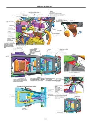 SERVIÇO DE INFORMAÇÃO
Braçadeira
(Fornecido em
chicote de fiação)
Orifício da moldura
Ramo da bobina de ignição Consulte
detalhe B
para detalhes
Braçadeira
Ramo de chifre
(Nota: As faces de abertura da braçadeira
para baixo e a extremidade do grampo está voltada para o
lado esquerdo. Coloque a braçadeira antes da válvula de
absorção de sentido único)
Almofada
Nota: Entre em contato com o lado maior
da almofada com a porca
Acoplador da bomba de combustível
3 em 1 ramo de sensor
Detalhe B
Alta tensão
cordão
Ver A
Mangueira do freio
Freio traseiro
mudar de ramo Ramo de chifre
Ramo injetor
Braçadeira
Freio traseiro
mudar de ramo
(Marca branca)
Consulte o detalhe C
Jaqueta de PVC interna:
Freio traseiro
interruptor de acoplador
Braçadeira
Fio do interruptor do freio traseiro (Nota:
Prenda-o acima da placa de ferro
reforçada com a extremidade da
braçadeira voltada para frente após o
aperto.
Nota: Passe abaixo da
filial ECM,
não atravesse o ramal ECM.
Fio sensor de oxigênio
Nota: Passe o fio atrás do
suporte.
Placa de ferro reforçada
Para detectar o ramo
Braçadeira
Licença acoplador de luz
Acoplador de luz traseira
Acoplador de luz de pisca traseiro
esquerdo e direito
Ramo de alarme
Braçadeira
Jaqueta
Acoplador de teste
Teste de bomba de combustível
galho longo
Braçadeira (parte do Fender)
Luz de licença
Luz traseira
Luzes de pisca traseira
esquerda e direita
Detalhe C
Filial ECM
Faixa de ângulo de montagem da braçadeira
Detalhe E
Braçadeira
Ramo de fio em torno desta área Nota: Passe o
fio na moldura. A extremidade do grampo deve
ficar voltada para baixo deixando 5-10 mm.
Chicote de fiação
Observação: a extremidade da braçadeira deve estar
voltada para baixo. Coloque a cabeça do grampo atrás
do parafuso da tampa à prova d'água.
Acoplador da bomba de combustível
conecte o acoplador
como mostrado após o teste da bateria - fio condutor
Braçadeira soldada
Um fio do motor de partida
(Para motor)
Braçadeira
Gerador
Sensor de velocidade
Chave de posição de marcha
Braçadeira soldada
Bateria do fio A do motor de
partida - fio
(para o motor)
(Nota: Limpe o interruptor de posição da
engrenagem dos fios antes de terminar
deixando 5-10 mm)
O ROTEAMENTO DE CABOS ABAIXO DO PARAFUSO TRASEIRO
Curva traseira esquerda
luz de sinal
fio
Luz de licença
fio
Vire à direita traseira do gerador, luz de sinal do sensor de velocidade
fio
fixação. Corte a braçadeira
Detalhe de montagem de alarme
Passe o fio
no buraco
Alarme (opcional)
Fio de alarme
área de roteamento
Ramo de alarme
fora da jaqueta
22/08
 