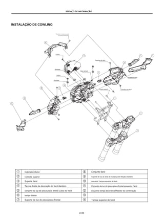 SERVIÇO DE INFORMAÇÃO
INSTALAÇÃO DE COWLING
Parafuso de rosca cruzada
Parafuso
Parafuso do farol
Almofada
Clipe de farol
Parafuso
Braçadeira de porca
Almofada
Parafuso especial Parafuso do farol
Colchete inferior
Colchete superior
Suporte farol
Tampa direita da decoração do farol dianteiro
conjunto da luz do pisca-pisca direito Caixa do farol
tampa direita
Suporte de luz do pisca-pisca frontal
Conjunto farol
Suporte de luz do sinal de mudança de direção dianteiro
esquerdo Tampa esquerda do farol
Conjunto da luz do pisca-pisca frontal esquerdo Farol
esquerdo tampa decorativa Medidor de combinação
Tampa superior do farol
24/08
 