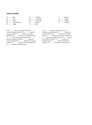 COR DO ARAME
B ............. Preto
Bl ............. Azul
Br ............. Brown
Dg ............. Verde profundo
G ............. Verde
Gr ............. Crescido
Lbl ............. azul claro
Lg ............. Verde claro
O ............. Laranja
P ............. Rosa
R ............. Vermelho
V ............. Violeta
W ............. Branco
Y ............. Amarelo
B / Bl ............. Preto com marcador Azul B / Br .............
Preto com marcador Marrom B / G ....... ...... Preto com
marcador Verde B / R ............. Preto com marcador
Vermelho B / W ............. Preto com marcador Branco B /
Y ............. Preto com marcador amarelo Bl / W .............
Azul com marcador branco Bl / Y ....... ...... Preto com
marcador amarelo Br / Y ............. Marrom com marcador
amarelo G / Y ............. Verde com marcador amarelo O /
B ............. Laranja com traçador preto
O / Bl ............. Laranja com marcador Azul O / W .............
Laranja com marcador Branco O / Y ....... ...... Laranja com
marcador amarelo R / B ............. Vermelho com marcador
preto R / Y ............. Vermelho com marcador amarelo W / B
............. Branco com marcador Preto W / R ............. Branco
com marcador Vermelho Y / G ....... ...... Amarelo com
marcador Verde Y / R ............. Amarelo com marcador
Vermelho Y / W ............. Amarelo com marcador Branco
 