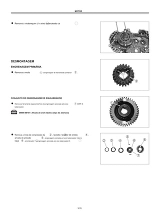 MOTOR
Remova o virabrequim 27 e eixo balanceador 28
DESMONTAGEM
ENGRENAGEM PRIMÁRIA
Remova a mola e engrenagem de transmissão primária I .
CONJUNTO DE ENGRENAGEM DE EQUILIBRADOR
Remova a ferramenta especial de freio da engrenagem acionada pelo eixo
balanceador.
com o
09900-06107: Alicate de anel elástico (tipo de abertura)
Remova a mola de compressão da
arruela de pressão , engrenagem acionada por eixo balanceador interno
raça , amortecedor 7 e engrenagem acionada por eixo balanceador 8.
, lavador, lavador de ondas ,
3-33
 