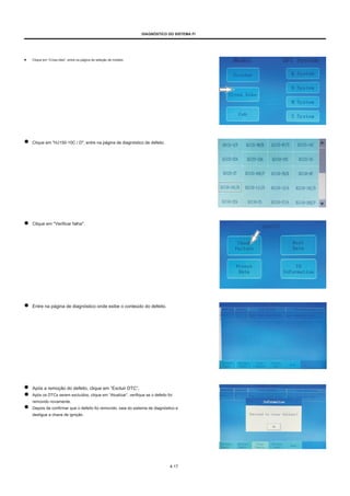 DIAGNÓSTICO DO SISTEMA FI
● Clique em “Cross bike”, entre na página de seleção de modelo.
Clique em "HJ150-10C / D", entre na página de diagnóstico de defeito.
Clique em "Verificar falha".
Entre na página de diagnóstico onde exibe o conteúdo do defeito.
Após a remoção do defeito, clique em “Excluir DTC”.
Após os DTCs serem excluídos, clique em “Atualizar”, verifique se o defeito foi
removido novamente.
Depois de confirmar que o defeito foi removido, saia do sistema de diagnóstico e
desligue a chave de ignição.
4-17
 