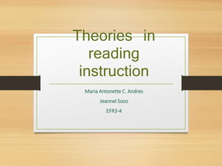 Theories in
reading
instruction
Maria Antonette C. Andres
Jeannel Soco
EFR3-4
 