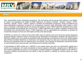Esta apresentação contém declarações prospectivas. Tais informações não são apenas fatos históricos, mas refletem
as metas e as expectativas da direção da MRV Engenharia. As palavras "antecipa", "acredita", "espera", "prevê",
"pretende", "planeja", "estima", "projeta", "objetiva" e similares são declarações prospectivas. Embora acreditemos que
essas declarações prospectivas se baseiem em pressupostos razoáveis, essas declarações estão sujeitas a vários
riscos e incertezas, e são feitas levando em conta as informações às quais a MRV Engenharia atualmente tem acesso.
Esta apresentação está atualizada até o final do 4T07 e a MRV Engenharia não se obriga a atualizá-la mediante novas
informações e/ou acontecimentos futuros. A MRV Engenharia não se responsabiliza por operações ou decisões de
investimento tomadas com base nas informações contidas nesta apresentação.
O EBITDA, de acordo com o Oficio Circular CVM 1/2005, pode ser definido como lucros antes das receitas (despesas)
financeiras líquidas, imposto de renda e contribuição social, depreciação e amortização e resultados não operacionais. O
EBITDA é utilizado como uma medida de desempenho pela administração da Companhia e não é uma medida adotada
pelas Práticas Contábeis Brasileiras ou Americanas, não representa o fluxo de caixa para os períodos apresentados e
não deve ser considerado como um substituto para o lucro líquido, como indicador do desempenho operacional da MRV
ou como substituto para o fluxo de caixa, nem tampouco como indicador de liquidez.
A administração da MRV acredita que o EBITDA é uma medida prática para aferir seu desempenho operacional e
permitir uma comparação com outras companhias do mesmo segmento. Entretanto, ressalta-se que o EBITDA não é
uma medida estabelecida de acordo com os Princípios Contábeis Brasileiros (Legislação Societária ou BR GAAP) ou
Princípios Contábeis Norte-Americanos (US GAAP) e pode ser definido e calculado de maneira diversa por outras
companhias.
Aviso
19
 