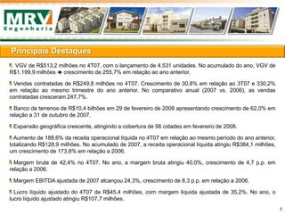 VGV de R$513,2 milhões no 4T07, com o lançamento de 4.531 unidades. No acumulado do ano, VGV de
R$1.199,9 milhões  crescimento de 255,7% em relação ao ano anterior.
Vendas contratadas de R$249,8 milhões no 4T07. Crescimento de 30,8% em relação ao 3T07 e 330,2%
em relação ao mesmo trimestre do ano anterior. No comparativo anual (2007 vs. 2006), as vendas
contratadas cresceram 247,7%.
Banco de terrenos de R$10,4 bilhões em 29 de fevereiro de 2008 apresentando crescimento de 62,0% em
relação a 31 de outubro de 2007.
Expansão geográfica crescente, atingindo a cobertura de 56 cidades em fevereiro de 2008.
Aumento de 188,6% da receita operacional líquida no 4T07 em relação ao mesmo período do ano anterior,
totalizando R$128,9 milhões. No acumulado de 2007, a receita operacional líquida atingiu R$384,1 milhões,
um crescimento de 173,8% em relação a 2006.
Margem bruta de 42,4% no 4T07. No ano, a margem bruta atingiu 40,0%, crescimento de 4,7 p.p. em
relação a 2006.
Margem EBITDA ajustada de 2007 alcançou 24,3%, crescimento de 8,3 p.p. em relação a 2006.
Lucro líquido ajustado do 4T07 de R$45,4 milhões, com margem líquida ajustada de 35,2%. No ano, o
lucro líquido ajustado atingiu R$107,7 milhões.
Principais Destaques
5
 