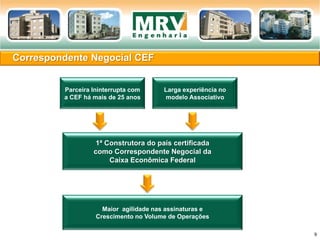 Correspondente Negocial CEF
9
1ª Construtora do país certificada
como Correspondente Negocial da
Caixa Econômica Federal
Larga experiência no
modelo Associativo
Parceira Ininterrupta com
a CEF há mais de 25 anos
Maior agilidade nas assinaturas e
Crescimento no Volume de Operações
 
