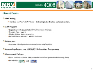 Recent Events
MRV Rating
• Standard and Poor’s: brA+/stable – Best rating in the Brazilian real estate sector...
ADR Program
• Depositary Bank: Deutsche Bank Trust Company Americas
• Program Type : Level 1
• Market: United States of America
• Ratio of Shares per ADR: 2 MRVE3 for 1 ADR
Debentures
• Insurance – Small premium compared to security/liquidity
Accounting changes Law 11.638/07: Uniformity = Transparency
Government Package
• Caixa Econômica Federal (CEF) is the executor of the government’s housing policy
• Partnership
3
4Q08Results
 