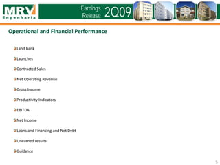 Operational and Financial Performance
Land bank
Launches
Contracted Sales
Net Operating Revenue
Gross Income
Productivity Indicators
EBITDA
Net Income
Loans and Financing and Net Debt
Unearned results
Guidance
5
2Q09Earnings
Release
 