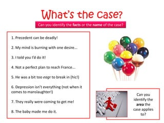 What‟s the case?
                  Can you identify the facts or the name of the case?


1. Precedent can be deadly!

2. My mind is burning with one desire...

3. I told you I’d do it!

4. Not a perfect plan to reach France...

5. He was a bit too eagr to break in (hic!)

6. Depression isn’t everything (not when it
comes to manslaughter!)
                                                                          Can you
                                                                        identify the
7. They really were coming to get me!
                                                                          area the
                                                                        case applies
8. The baby made me do it.
                                                                            to?
 