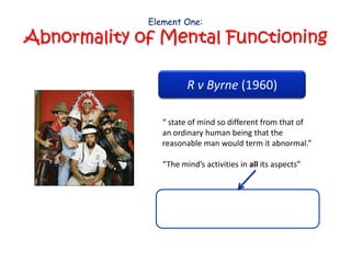Element One:

Abnormality of Mental Functioning

                       R v Byrne (1960)

                “ state of mind so different from that of
                an ordinary human being that the
                reasonable man would term it abnormal.”

                “The mind’s activities in all its aspects”
 