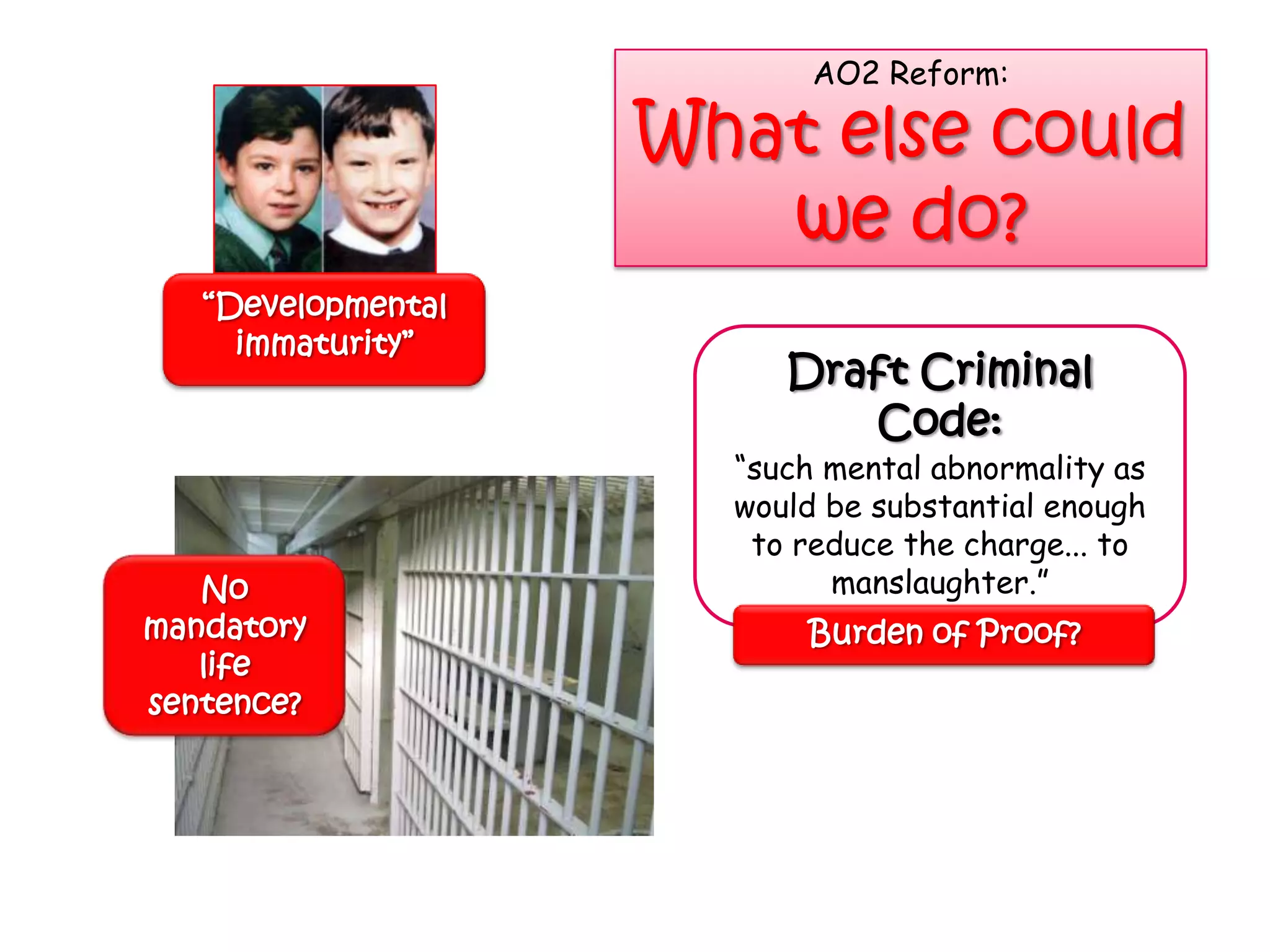AO2 Reform:

                    What else could
                       we do?
   “Developmental
     immaturity”
                         Draft Criminal
                            Code:
                      “such mental abnormality as
                      would be substantial enough
                       to reduce the charge... to
   No                       manslaughter.”
mandatory                 Burden of Proof?
   life
sentence?
 