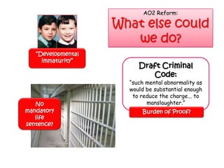 AO2 Reform:

                    What else could
                       we do?
   “Developmental
     immaturity”
                         Draft Criminal
                            Code:
                      “such mental abnormality as
                      would be substantial enough
                       to reduce the charge... to
   No                       manslaughter.”
mandatory                 Burden of Proof?
   life
sentence?
 