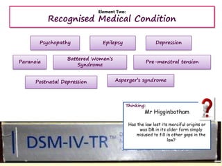 Element Two:
Recognised Medical Condition
Thinking:
Mr Higginbotham
Has the law lost its merciful origins or
was DR in its older form simply
misused to fill in other gaps in the
law?
Psychopathy
Paranoia
Epilepsy Depression
Battered Women’s
Syndrome
Asperger’s syndromePostnatal Depression
Pre-menstral tension
 