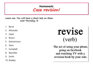 Homework:
Case revision!
Learn em. You will have a short test on them
next Thursday. 
1. Byrne
2. Ahluwalia
3. Lloyd
4. Brown
5. Dietschmann
6. Seers
7. Campbell
8. Reynolds
9. Smith
10. Bradley
 