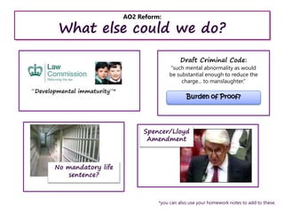 AO2 Reform:
What else could we do?
Draft Criminal Code:
“such mental abnormality as would
be substantial enough to reduce the
charge... to manslaughter.”
Burden of Proof?
“Developmental immaturity”*
No mandatory life
sentence?
*you can also use your homework notes to add to these.
Spencer/Lloyd
Amendment
 