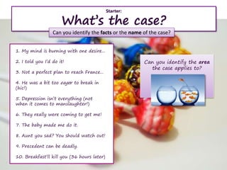 Starter:
What’s the case?
Can you identify the facts or the name of the case?
Can you identify the area
the case applies to?
1. My mind is burning with one desire...
2. I told you I’d do it!
3. Not a perfect plan to reach France...
4. He was a bit too eager to break in
(hic!)
5. Depression isn’t everything (not
when it comes to manslaughter!)
6. They really were coming to get me!
7. The baby made me do it.
8. Aunt you sad? You should watch out!
9. Precedent can be deadly.
10. Breakfast’ll kill you (36 hours later)
 