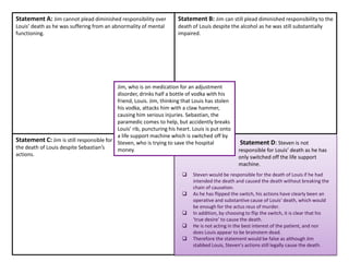 Statement C: Jim is still responsible for
the death of Louis despite Sebastian’s
actions.
Statement B: Jim can still plead diminished responsibility to the
death of Louis despite the alcohol as he was still substantially
impaired.
Statement A: Jim cannot plead diminished responsibility over
Louis’ death as he was suffering from an abnormality of mental
functioning.
Jim, who is on medication for an adjustment
disorder, drinks half a bottle of vodka with his
friend, Louis. Jim, thinking that Louis has stolen
his vodka, attacks him with a claw hammer,
causing him serious injuries. Sebastian, the
paramedic comes to help, but accidently breaks
Louis’ rib, puncturing his heart. Louis is put onto
a life support machine which is switched off by
Steven, who is trying to save the hospital
money.
Statement D: Steven is not
responsible for Louis’ death as he has
only switched off the life support
machine.
 Steven would be responsible for the death of Louis if he had
intended the death and caused the death without breaking the
chain of causation.
 As he has flipped the switch, his actions have clearly been an
operative and substantive cause of Louis’ death, which would
be enough for the actus reus of murder.
 In addition, by choosing to flip the switch, it is clear that his
‘true desire’ to cause the death.
 He is not acting in the best interest of the patient, and nor
does Louis appear to be brainstem dead.
 Therefore the statement would be false as although Jim
stabbed Louis, Steven’s actions still legally cause the death.
 