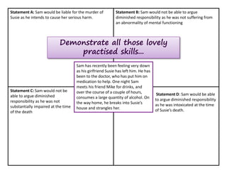 Statement C: Sam would not be
able to argue diminished
responsibility as he was not
substantially impaired at the time
of the death
Statement B: Sam would not be able to argue
diminished responsibility as he was not suffering from
an abnormality of mental functioning
Statement A: Sam would be liable for the murder of
Susie as he intends to cause her serious harm.
Sam has recently been feeling very down
as his girlfriend Susie has left him. He has
been to the doctor, who has put him on
medication to help. One night Sam
meets his friend Mike for drinks, and
over the course of a couple of hours,
consumes a large quantity of alcohol. On
the way home, he breaks into Susie’s
house and strangles her.
Statement D: Sam would be able
to argue diminished responsibility
as he was intoxicated at the time
of Susie’s death.
Demonstrate all those lovely
practised skills...
 
