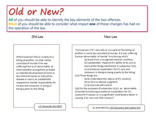 Old or New?
All of you should be able to identify the key elements of the two offences.
Most of you should be able to consider what impact one of those changes has had on
the operation of the law.
 