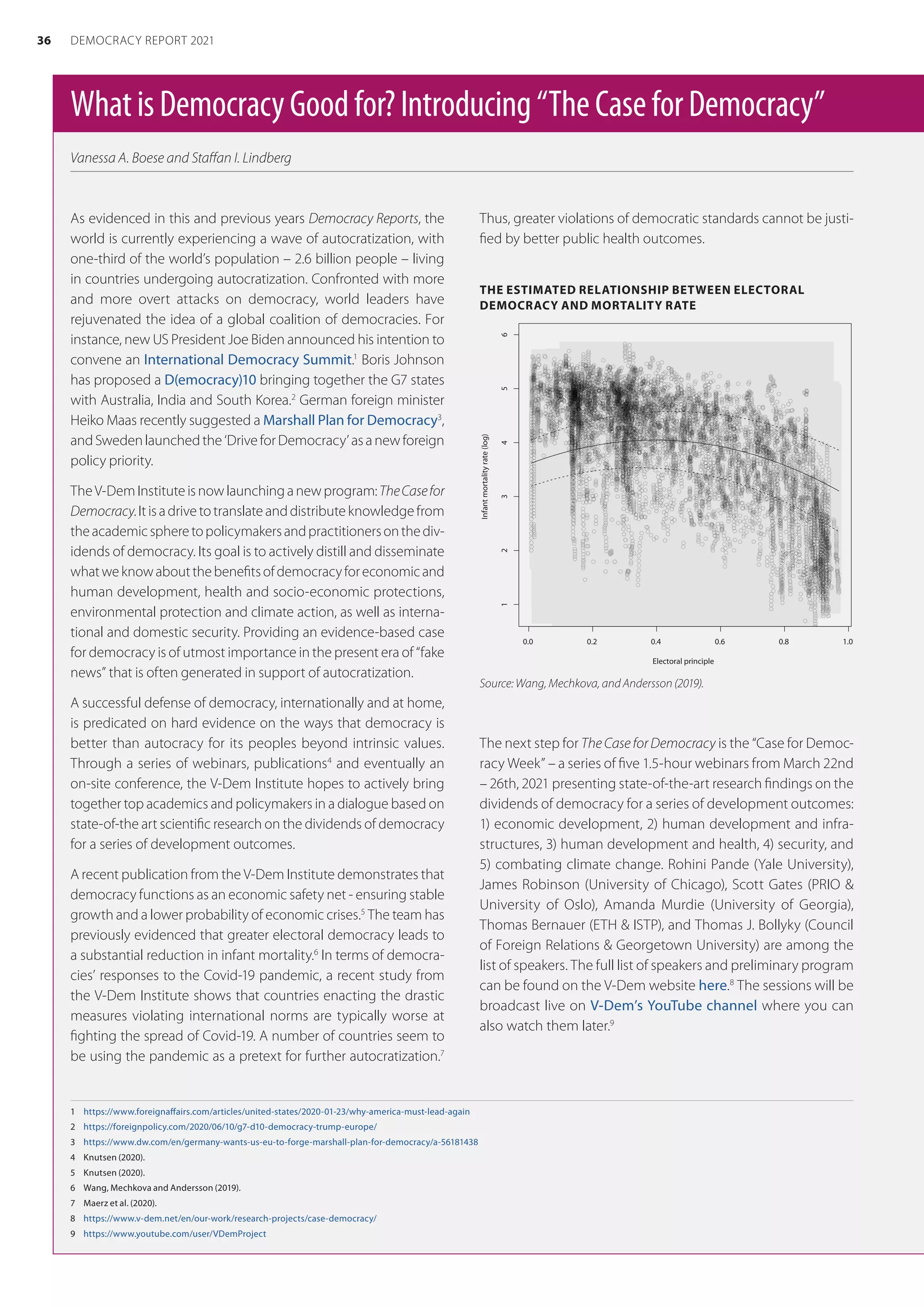 WhatisDemocracyGoodfor?Introducing“TheCaseforDemocracy”
Vanessa A. Boese and Staffan I. Lindberg
1	 https://www.foreignaffairs.com/articles/united-states/2020-01-23/why-america-must-lead-again
2	 https://foreignpolicy.com/2020/06/10/g7-d10-democracy-trump-europe/
3	 https://www.dw.com/en/germany-wants-us-eu-to-forge-marshall-plan-for-democracy/a-56181438
4	 Knutsen (2020).
5	 Knutsen (2020).
6	 Wang, Mechkova and Andersson (2019).
7	 Maerz et al. (2020).
8	 https://www.v-dem.net/en/our-work/research-projects/case-democracy/
9	 https://www.youtube.com/user/VDemProject
As evidenced in this and previous years Democracy Reports, the
world is currently experiencing a wave of autocratization, with
one-third of the world’s population – 2.6 billion people – living
in countries undergoing autocratization. Confronted with more
and more overt attacks on democracy, world leaders have
rejuvenated the idea of a global coalition of democracies. For
instance, new US President Joe Biden announced his intention to
convene an International Democracy Summit.1
Boris Johnson
has proposed a D(emocracy)10 bringing together the G7 states
with Australia, India and South Korea.2
German foreign minister
Heiko Maas recently suggested a Marshall Plan for Democracy3
,
andSwedenlaunchedthe‘DriveforDemocracy’asanewforeign
policy priority.
TheV-DemInstituteisnowlaunchinganewprogram:TheCasefor
Democracy.Itisadrivetotranslateanddistributeknowledgefrom
theacademicspheretopolicymakersandpractitionersonthediv-
idends of democracy. Its goal is to actively distill and disseminate
whatweknowaboutthebenefitsofdemocracyforeconomicand
human development, health and socio-economic protections,
environmental protection and climate action, as well as interna-
tional and domestic security. Providing an evidence-based case
for democracy is of utmost importance in the present era of “fake
news” that is often generated in support of autocratization.
A successful defense of democracy, internationally and at home,
is predicated on hard evidence on the ways that democracy is
better than autocracy for its peoples beyond intrinsic values.
Through a series of webinars, publications4
and eventually an
on-site conference, the V-Dem Institute hopes to actively bring
together top academics and policymakers in a dialogue based on
state-of-the art scientific research on the dividends of democracy
for a series of development outcomes.
A recent publication from the V-Dem Institute demonstrates that
democracy functions as an economic safety net - ensuring stable
growth and a lower probability of economic crises.5
The team has
previously evidenced that greater electoral democracy leads to
a substantial reduction in infant mortality.6
In terms of democra-
cies’ responses to the Covid-19 pandemic, a recent study from
the V-Dem Institute shows that countries enacting the drastic
measures violating international norms are typically worse at
fighting the spread of Covid-19. A number of countries seem to
be using the pandemic as a pretext for further autocratization.7
Thus, greater violations of democratic standards cannot be justi-
fied by better public health outcomes.
THE ESTIMATED RELATIONSHIP BETWEEN ELECTORAL
DEMOCRACY AND MORTALITY RATE
0.0 0.2 0.4 0.6 0.8 1.0
1
2
3
4
5
6
Electoral principle
Infant
mortality
rate
(log)
Source: Wang, Mechkova, and Andersson (2019).
The next step for The Case for Democracy is the “Case for Democ-
racy Week” – a series of five 1.5-hour webinars from March 22nd
– 26th, 2021 presenting state-of-the-art research findings on the
dividends of democracy for a series of development outcomes:
1) economic development, 2) human development and infra-
structures, 3) human development and health, 4) security, and
5) combating climate change. Rohini Pande (Yale University),
James Robinson (University of Chicago), Scott Gates (PRIO 
University of Oslo), Amanda Murdie (University of Georgia),
Thomas Bernauer (ETH  ISTP), and Thomas J. Bollyky (Council
of Foreign Relations  Georgetown University) are among the
list of speakers. The full list of speakers and preliminary program
can be found on the V-Dem website here.8
The sessions will be
broadcast live on V-Dem’s YouTube channel where you can
also watch them later.9
36 DEMOCRACY REPORT 2021
 