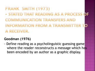 Goodman (1976)
- Define reading as a psycholinguistic guessing game
where the reader reconstructs a message which has
been encoded by an author as a graphic display.
 