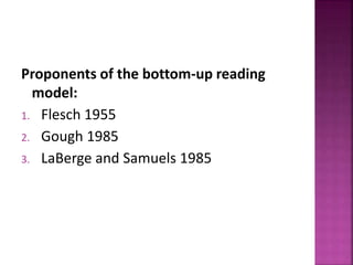 Proponents of the bottom-up reading
model:
1. Flesch 1955
2. Gough 1985
3. LaBerge and Samuels 1985
 