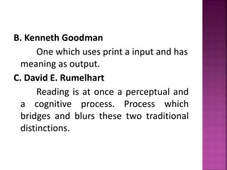 B. Kenneth Goodman
One which uses print a input and has
meaning as output.
C. David E. Rumelhart
Reading is at once a perceptual and
a cognitive process. Process which
bridges and blurs these two traditional
distinctions.
 