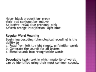 Noun- black preposition- green
Verb- red conjunction- mauve
Adjective- royal blue pronoun- pink
Adverb-orange interjection- light blue
Regular Word Meaning
Beginning decoding (phonological recoding) is the
ability to
a. Read from left to right simply, unfamiliar words
b. Generate the sounds for all letters
c. Blend sounds into recognizable words
Decodable text- text in which majority of words
can be identified using their most common sounds.
 