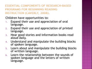 Children have opportunities to:
1. Expand their use and appreciation of oral
language.
2. Expand their use and appreciation of printed
language.
3. Hear good stories and information books read
aloud daily.
4. Understand and manipulate the building blocks
of spoken language.
5. Learn about and manipulate the building blocks
of written language.
6. Learn the relationship between the sounds of
spoken language and the letters of written
language.
 
