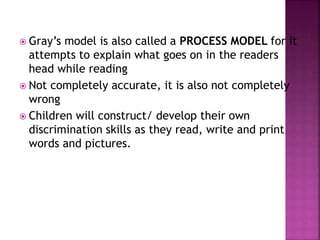  Gray’s model is also called a PROCESS MODEL for it
attempts to explain what goes on in the readers
head while reading
 Not completely accurate, it is also not completely
wrong
 Children will construct/ develop their own
discrimination skills as they read, write and print
words and pictures.
 