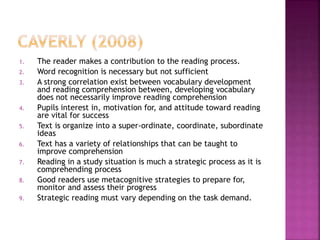 1. The reader makes a contribution to the reading process.
2. Word recognition is necessary but not sufficient
3. A strong correlation exist between vocabulary development
and reading comprehension between, developing vocabulary
does not necessarily improve reading comprehension
4. Pupils interest in, motivation for, and attitude toward reading
are vital for success
5. Text is organize into a super-ordinate, coordinate, subordinate
ideas
6. Text has a variety of relationships that can be taught to
improve comprehension
7. Reading in a study situation is much a strategic process as it is
comprehending process
8. Good readers use metacognitive strategies to prepare for,
monitor and assess their progress
9. Strategic reading must vary depending on the task demand.
 