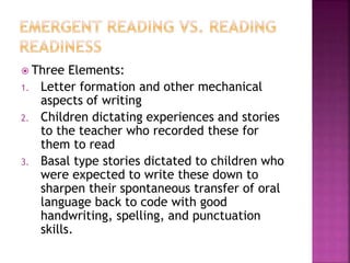  Three Elements:
1. Letter formation and other mechanical
aspects of writing
2. Children dictating experiences and stories
to the teacher who recorded these for
them to read
3. Basal type stories dictated to children who
were expected to write these down to
sharpen their spontaneous transfer of oral
language back to code with good
handwriting, spelling, and punctuation
skills.
 