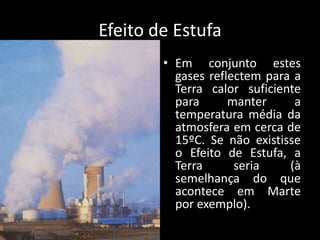Efeito de EstufaEm conjunto estes gases reflectem para a Terra calor suficiente para manter a temperatura média da atmosfera em cerca de 15ºC. Se não existisse o Efeito de Estufa, a Terra seria (à semelhança do que acontece em Marte por exemplo).