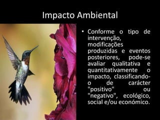Impacto AmbientalConforme o tipo de intervenção, modificações produzidas e eventos posteriores, pode-se avaliar qualitativa e quantitativamente o impacto, classificando-o de carácter "positivo" ou "negativo", ecológico, social e/ou económico.