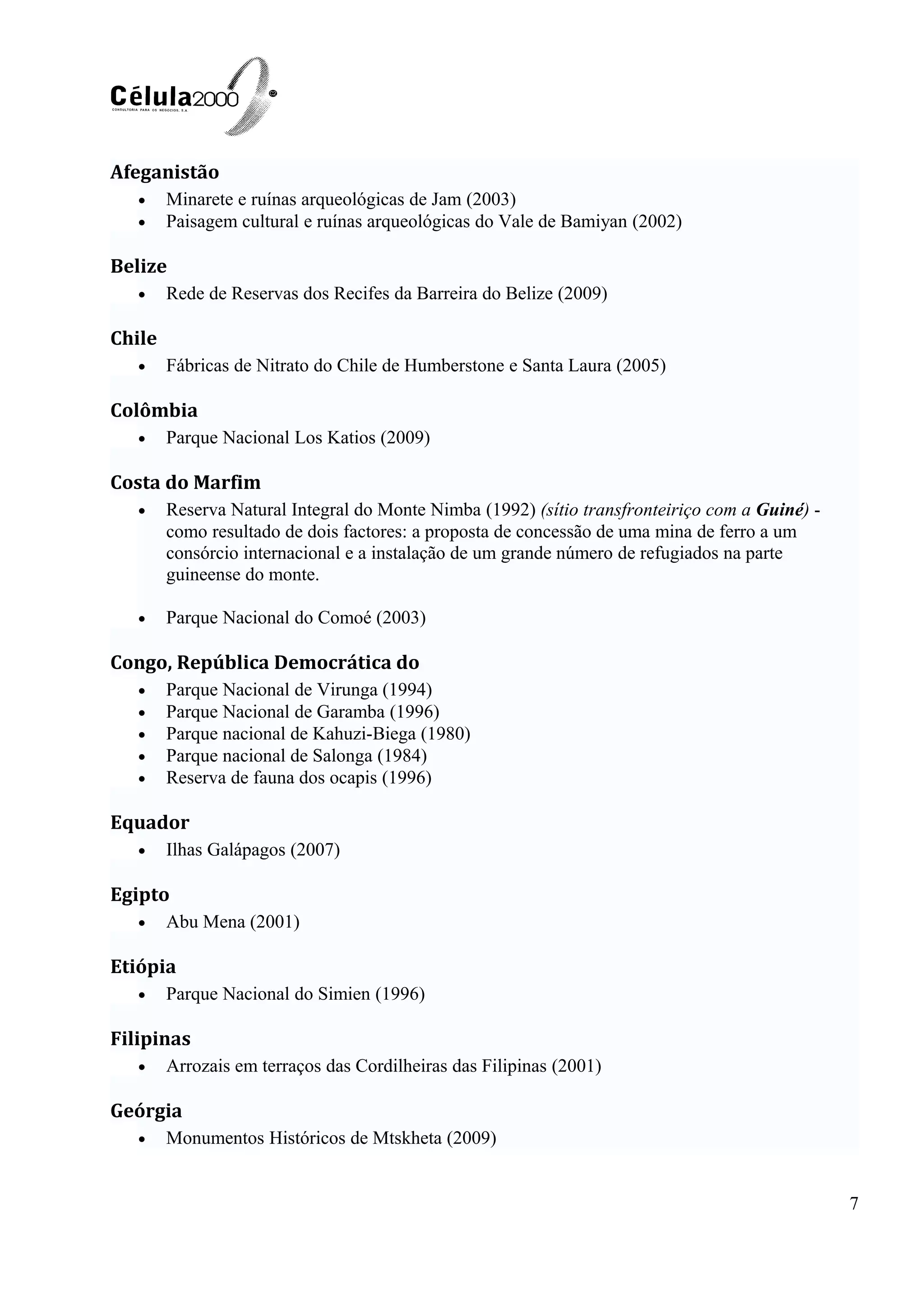 Afeganistão
• Minarete e ruínas arqueológicas de Jam (2003)
• Paisagem cultural e ruínas arqueológicas do Vale de Bamiyan (2002)
Belize
• Rede de Reservas dos Recifes da Barreira do Belize (2009)
Chile
• Fábricas de Nitrato do Chile de Humberstone e Santa Laura (2005)
Colômbia
• Parque Nacional Los Katios (2009)
Costa do Marfim
• Reserva Natural Integral do Monte Nimba (1992) (sítio transfronteiriço com a Guiné) -
como resultado de dois factores: a proposta de concessão de uma mina de ferro a um
consórcio internacional e a instalação de um grande número de refugiados na parte
guineense do monte.
• Parque Nacional do Comoé (2003)
Congo, República Democrática do
• Parque Nacional de Virunga (1994)
• Parque Nacional de Garamba (1996)
• Parque nacional de Kahuzi-Biega (1980)
• Parque nacional de Salonga (1984)
• Reserva de fauna dos ocapis (1996)
Equador
• Ilhas Galápagos (2007)
Egipto
• Abu Mena (2001)
Etiópia
• Parque Nacional do Simien (1996)
Filipinas
• Arrozais em terraços das Cordilheiras das Filipinas (2001)
Geórgia
• Monumentos Históricos de Mtskheta (2009)
7
 