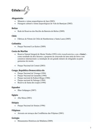 Afeganistão
• Minarete e ruínas arqueológicas de Jam (2003)
• Paisagem cultural e ruínas arqueológicas do Vale de Bamiyan (2002)
Belize
• Rede de Reservas dos Recifes da Barreira do Belize (2009)
Chile
• Fábricas de Nitrato do Chile de Humberstone e Santa Laura (2005)
Colômbia
• Parque Nacional Los Katios (2009)
Costa do Marfim
• Reserva Natural Integral do Monte Nimba (1992) (sítio transfronteiriço com a Guiné) -
como resultado de dois factores: a proposta de concessão de uma mina de ferro a um
consórcio internacional e a instalação de um grande número de refugiados na parte
guineense do monte.
• Parque Nacional do Comoé (2003)
Congo, República Democrática do
• Parque Nacional de Virunga (1994)
• Parque Nacional de Garamba (1996)
• Parque nacional de Kahuzi-Biega (1980)
• Parque nacional de Salonga (1984)
• Reserva de fauna dos ocapis (1996)
Equador
• Ilhas Galápagos (2007)
Egipto
• Abu Mena (2001)
Etiópia
• Parque Nacional do Simien (1996)
Filipinas
• Arrozais em terraços das Cordilheiras das Filipinas (2001)
Geórgia
• Monumentos Históricos de Mtskheta (2009)
7
 