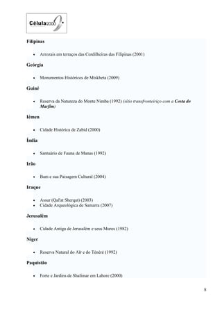 Filipinas

   •    Arrozais em terraços das Cordilheiras das Filipinas (2001)

Geórgia

   •    Monumentos Históricos de Mtskheta (2009)

Guiné

   •    Reserva da Natureza do Monte Nimba (1992) (sítio transfronteiriço com a Costa do
        Marfim)

Iémen

   •    Cidade Histórica de Zabid (2000)

Índia

   •    Santuário de Fauna de Manas (1992)

Irão

   •    Bam e sua Paisagem Cultural (2004)

Iraque

   •    Assur (Qal'at Sherqat) (2003)
   •    Cidade Arqueológica de Samarra (2007)

Jerusalém

   •    Cidade Antiga de Jerusalém e seus Muros (1982)

Níger

   •    Reserva Natural do Aïr e do Ténéré (1992)

Paquistão

   •    Forte e Jardins de Shalimar em Lahore (2000)


                                                                                           8
 