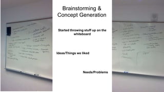 Started throwing stuff up on the
whiteboard
Ideas/Things we liked
Needs/Problems
Brainstorming &
Concept Generation
 